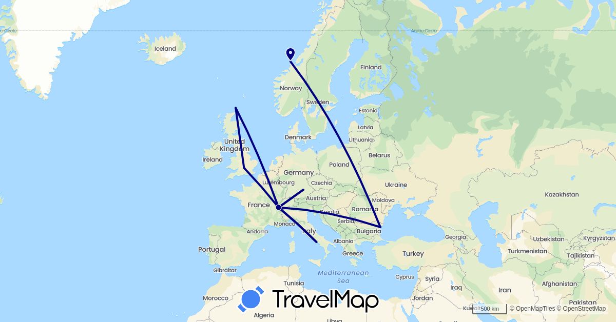 TravelMap itinerary: driving in Bulgaria, Switzerland, Germany, United Kingdom, Italy, Norway (Europe)